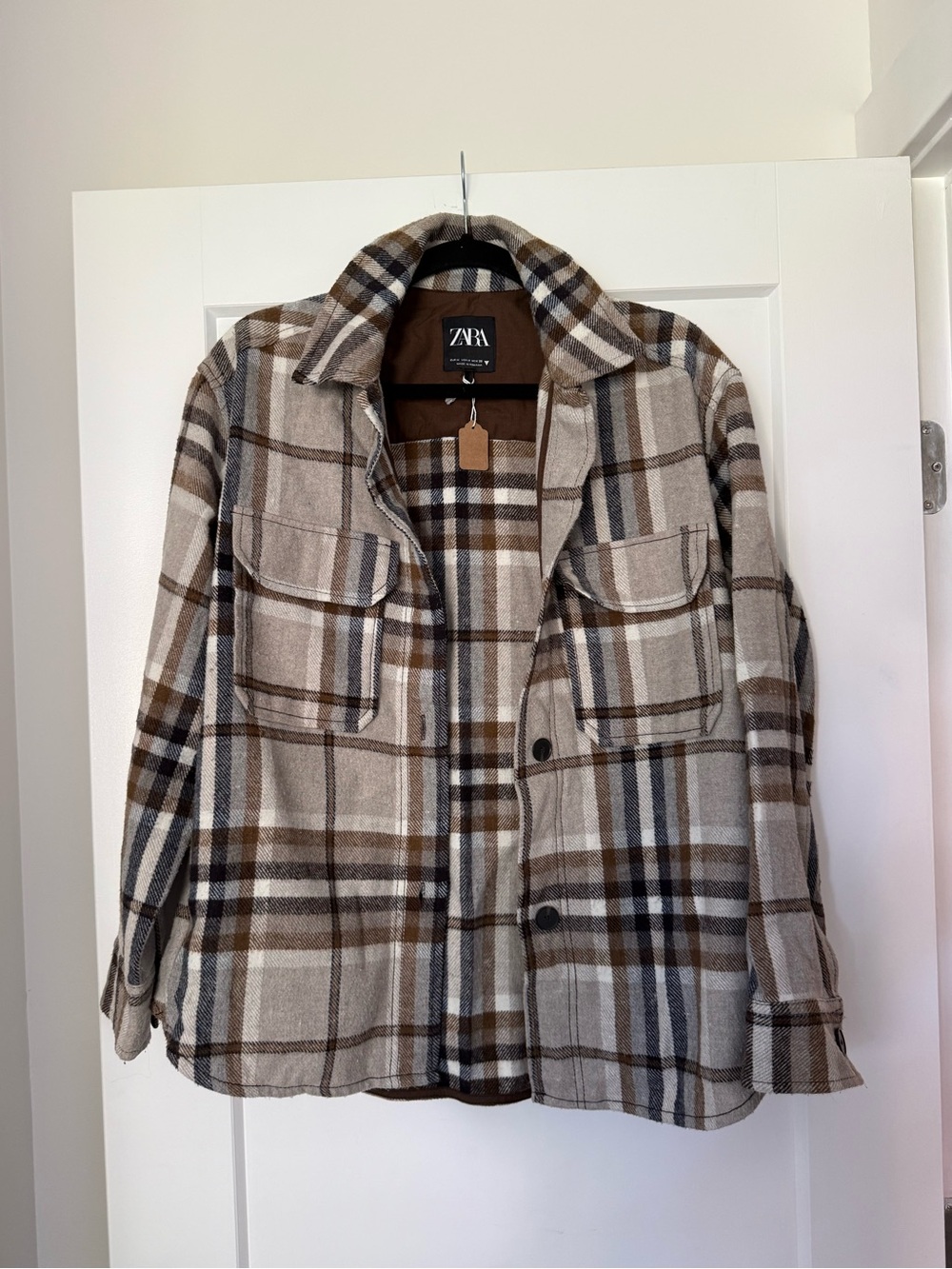 Zara Brown Cream Plaid Utility Jacket
